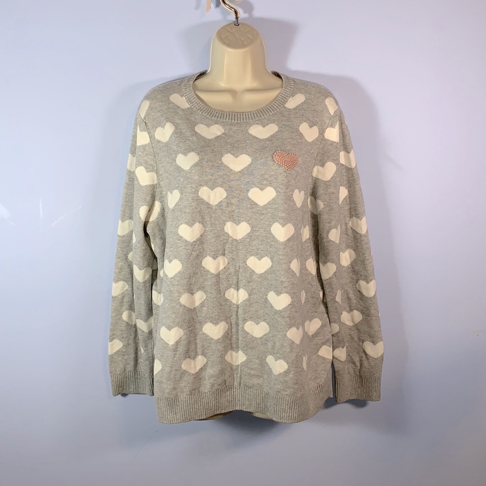 Charter club gray white hearts crew neck sweater size XXL embroidered pink heart